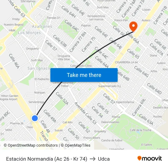Estación Normandía (Ac 26 - Kr 74) to Udca map
