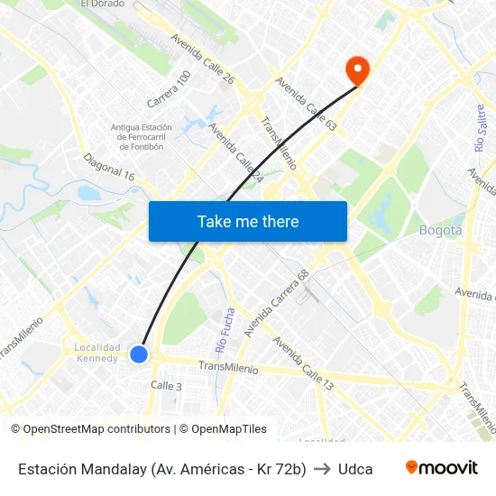 Estación Mandalay (Av. Américas - Kr 72b) to Udca map
