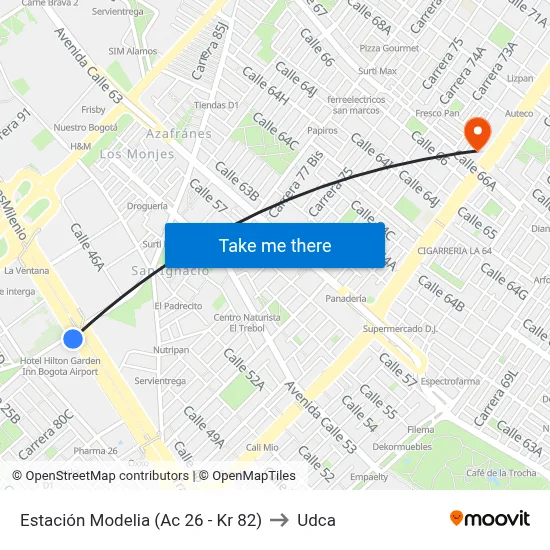 Estación Modelia (Ac 26 - Kr 82) to Udca map