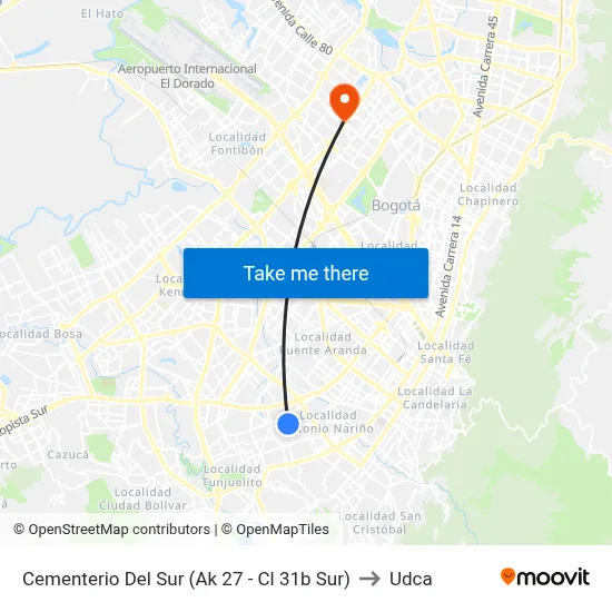 Cementerio Del Sur (Ak 27 - Cl 31b Sur) to Udca map