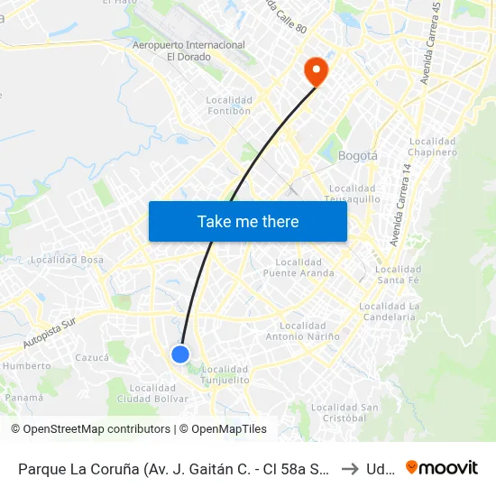 Parque La Coruña (Av. J. Gaitán C. - Cl 58a Sur) (A) to Udca map