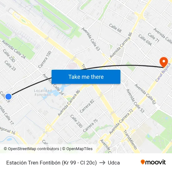 Estación Tren Fontibón (Kr 99 - Cl 20c) to Udca map