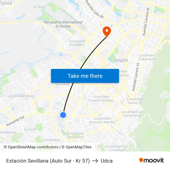 Estación Sevillana (Auto Sur - Kr 57) to Udca map
