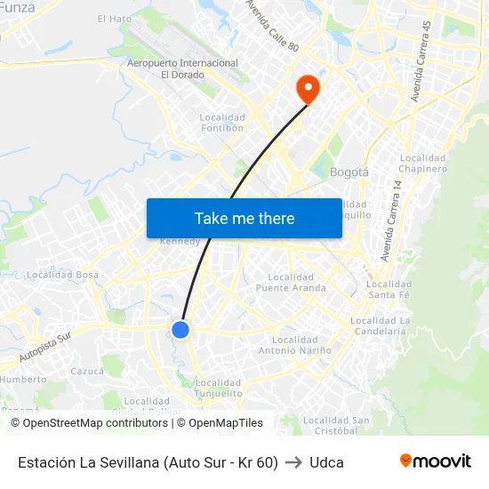 Estación La Sevillana (Auto Sur - Kr 60) to Udca map