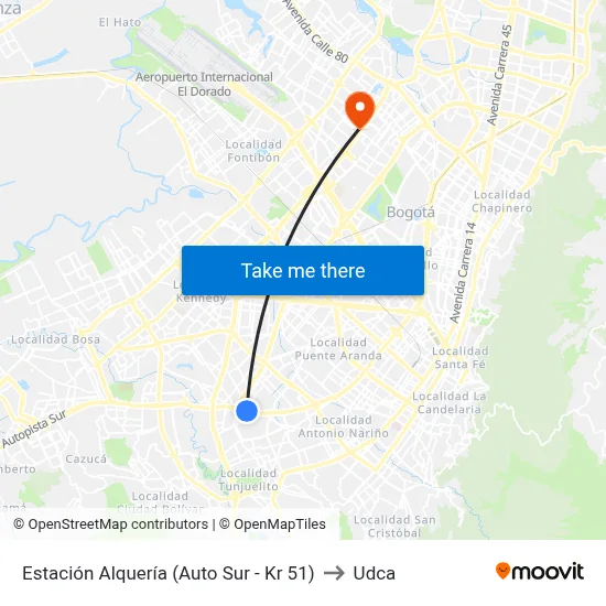 Estación Alquería (Auto Sur - Kr 51) to Udca map