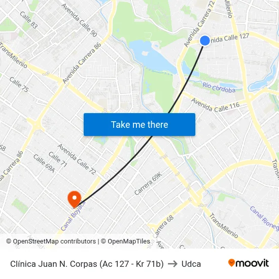 Clínica Juan N. Corpas (Ac 127 - Kr 71b) to Udca map
