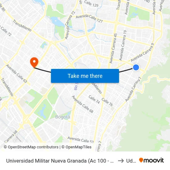 Universidad Militar Nueva Granada (Ac 100 - Kr 10) (A) to Udca map