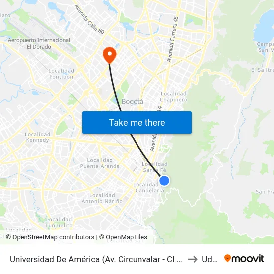 Universidad De América (Av. Circunvalar - Cl 19a) to Udca map