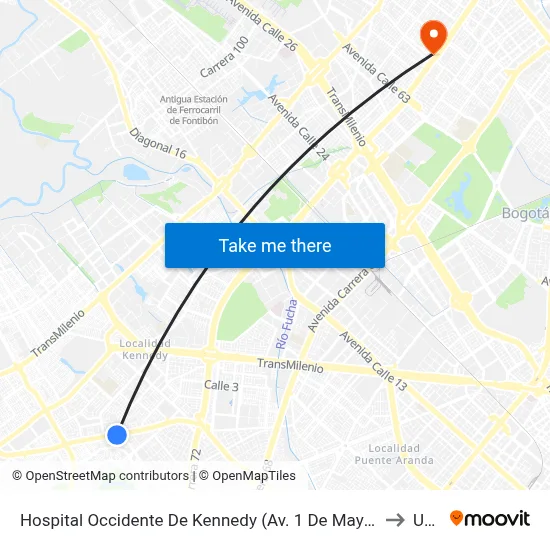 Hospital Occidente De Kennedy (Av. 1 De Mayo - Cl 40b Sur) (B) to Udca map