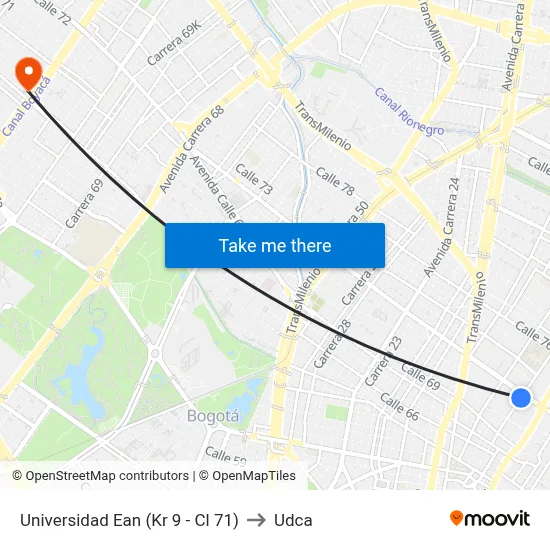 Universidad Ean (Kr 9 - Cl 71) to Udca map