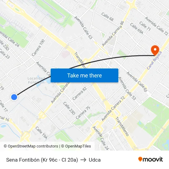 Sena Fontibón (Kr 96c - Cl 20a) to Udca map