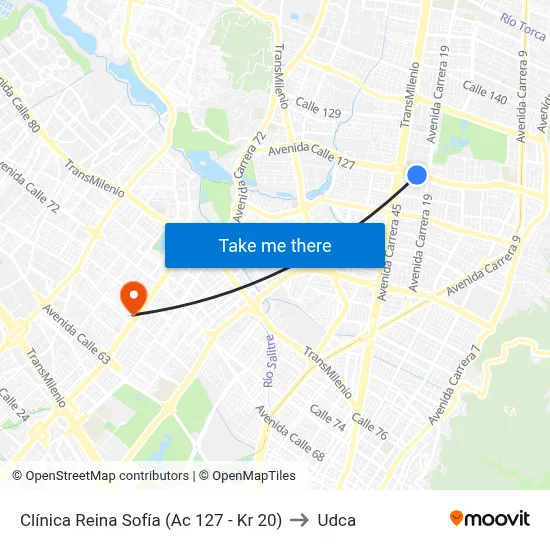 Clínica Reina Sofía (Ac 127 - Kr 20) to Udca map
