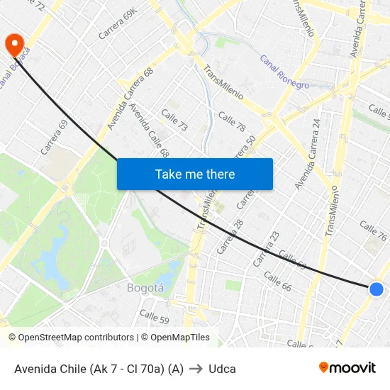 Avenida Chile (Ak 7 - Cl 70a) (A) to Udca map