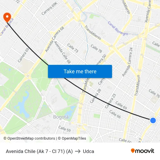 Avenida Chile (Ak 7 - Cl 71) (A) to Udca map