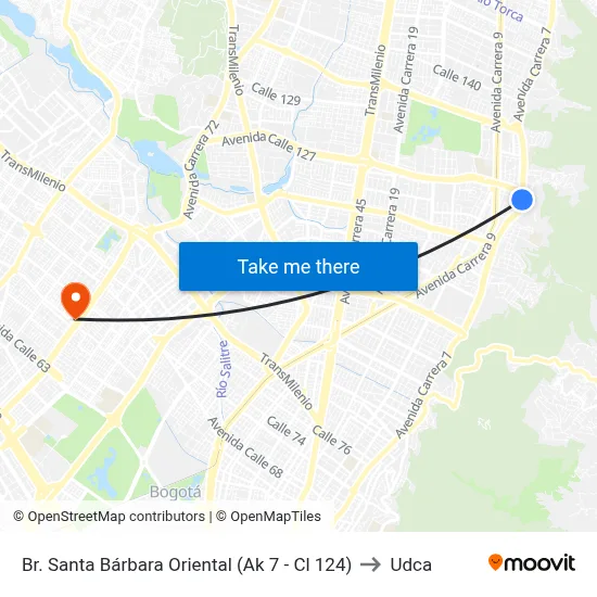 Br. Santa Bárbara Oriental (Ak 7 - Cl 124) to Udca map