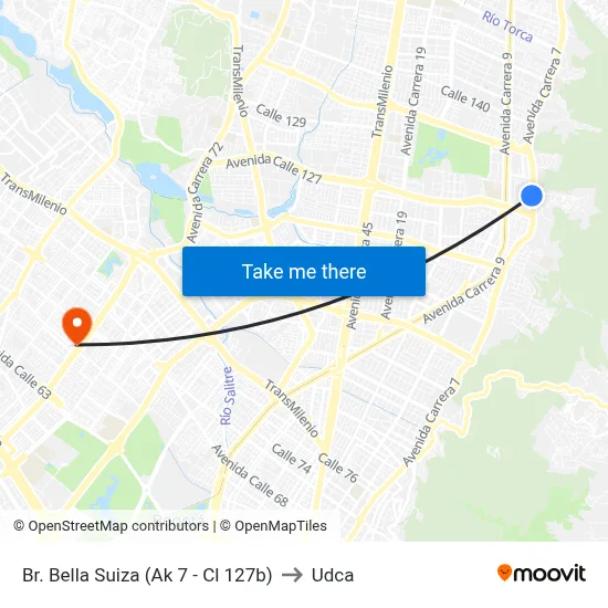 Br. Bella Suiza (Ak 7 - Cl 127b) to Udca map