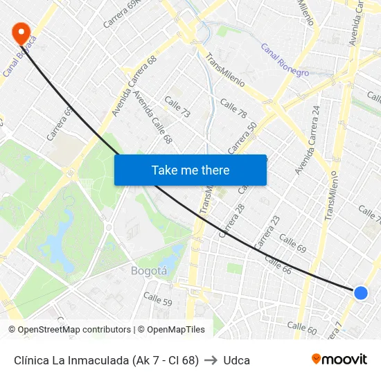 Clínica La Inmaculada (Ak 7 - Cl 68) to Udca map