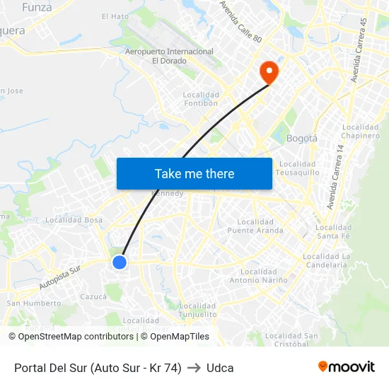 Portal Del Sur (Auto Sur - Kr 74) to Udca map