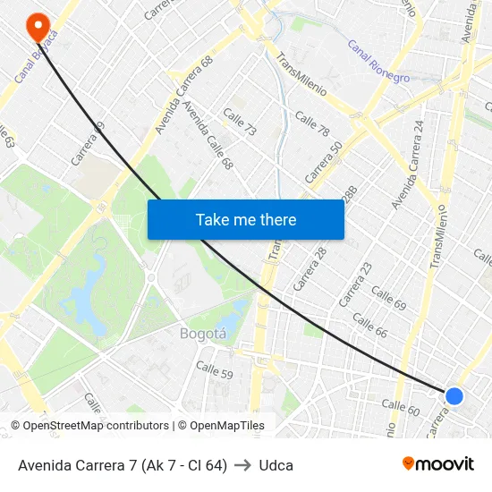 Avenida Carrera 7 (Ak 7 - Cl 64) to Udca map