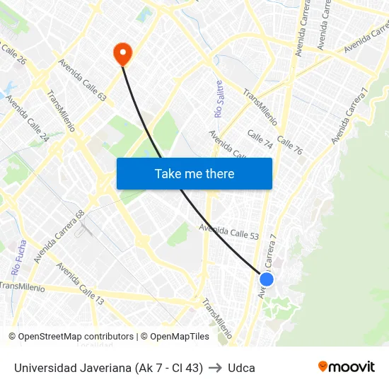 Universidad Javeriana (Ak 7 - Cl 43) to Udca map