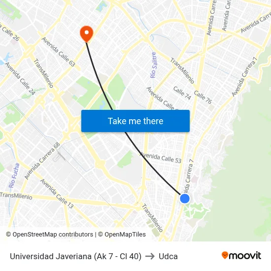 Universidad Javeriana (Ak 7 - Cl 40) to Udca map