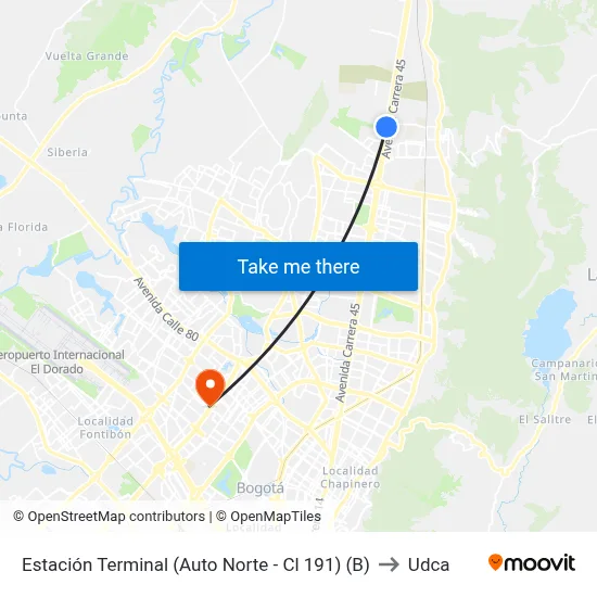 Estación Terminal (Auto Norte - Cl 191) (B) to Udca map