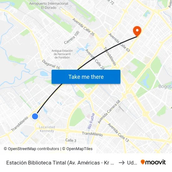 Estación Biblioteca Tintal (Av. Américas - Kr 82) (A) to Udca map