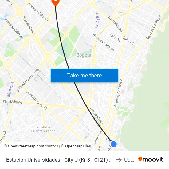 Estación Universidades - City U (Kr 3 - Cl 21) (A) to Udca map