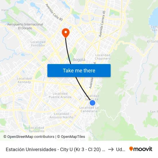 Estación Universidades - City U (Kr 3 - Cl 20) (B) to Udca map