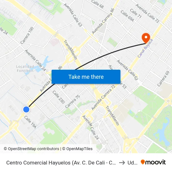 Centro Comercial Hayuelos (Av. C. De Cali - Cl 20) (A) to Udca map