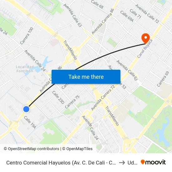 Centro Comercial Hayuelos (Av. C. De Cali - Cl 20) (B) to Udca map