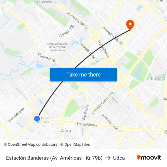 Estación Banderas (Av. Américas - Kr 79b) to Udca map