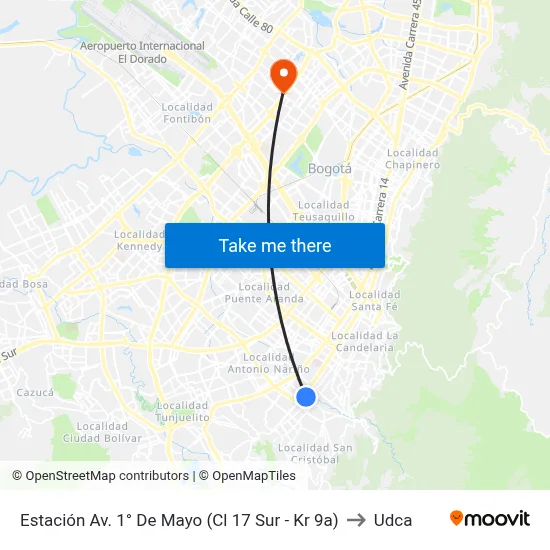 Estación Av. 1° De Mayo (Cl 17 Sur - Kr 9a) to Udca map