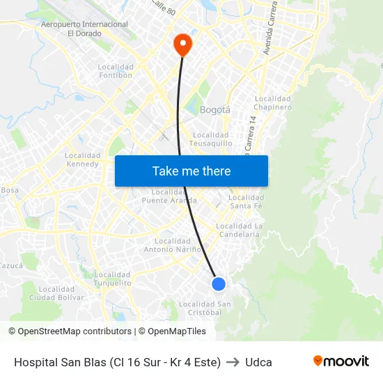 Hospital San Blas (Cl 16 Sur - Kr 4 Este) to Udca map