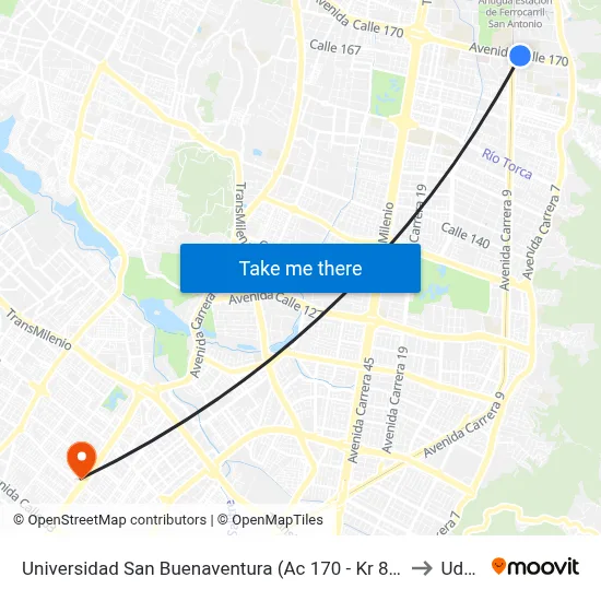 Universidad San Buenaventura (Ac 170 - Kr 8h) to Udca map