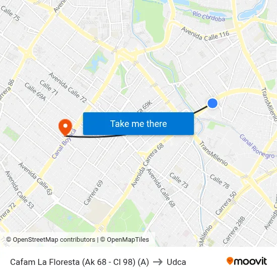 Cafam La Floresta (Ak 68 - Cl 98) (A) to Udca map