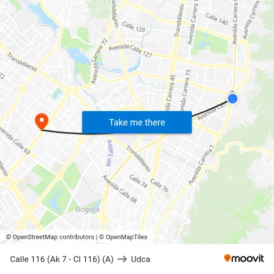 Calle 116 (Ak 7 - Cl 116) (A) to Udca map