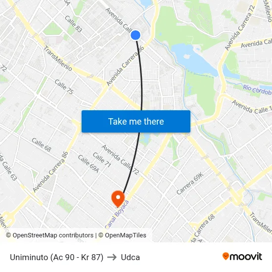 Uniminuto (Ac 90 - Kr 87) to Udca map