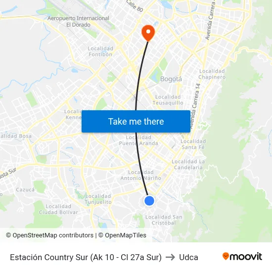 Estación Country Sur (Ak 10 - Cl 27a Sur) to Udca map
