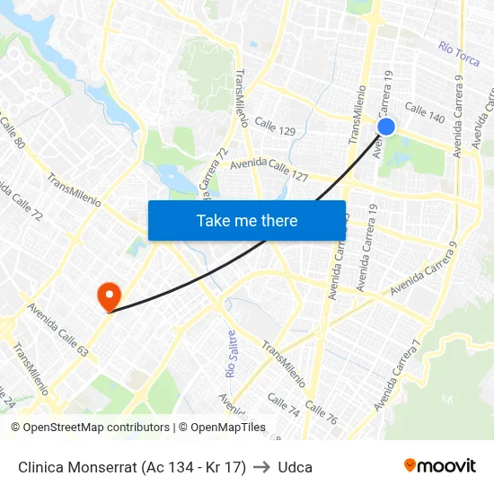 Clinica Monserrat (Ac 134 - Kr 17) to Udca map