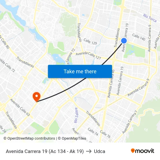 Avenida Carrera 19 (Ac 134 - Ak 19) to Udca map