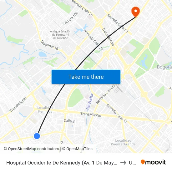 Hospital Occidente De Kennedy (Av. 1 De Mayo - Cl 40 Sur) (A) to Udca map