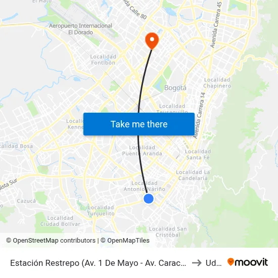 Estación Restrepo (Av. 1 De Mayo - Av. Caracas) (A) to Udca map