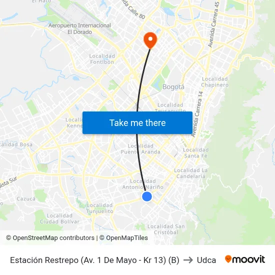 Estación Restrepo (Av. 1 De Mayo - Kr 13) (B) to Udca map