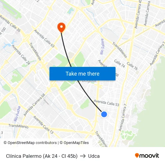 Clínica Palermo (Ak 24 - Cl 45b) to Udca map