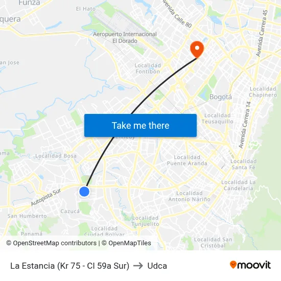 La Estancia (Kr 75 - Cl 59a Sur) to Udca map