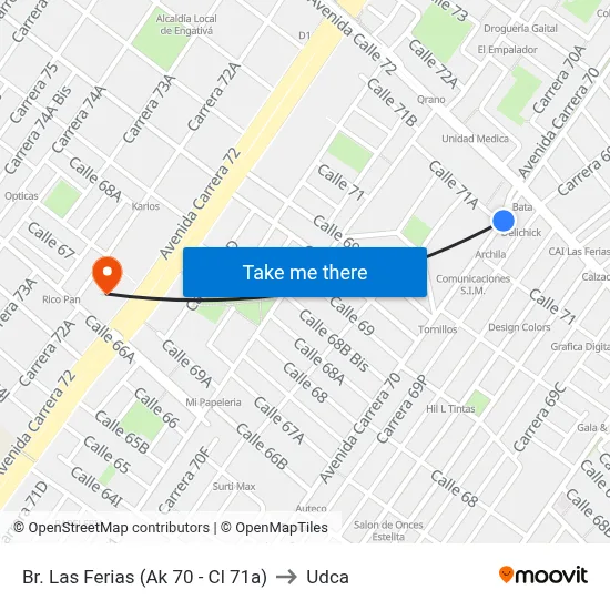 Br. Las Ferias (Ak 70 - Cl 71a) to Udca map
