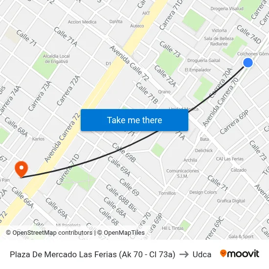 Plaza De Mercado Las Ferias (Ak 70 - Cl 73a) to Udca map