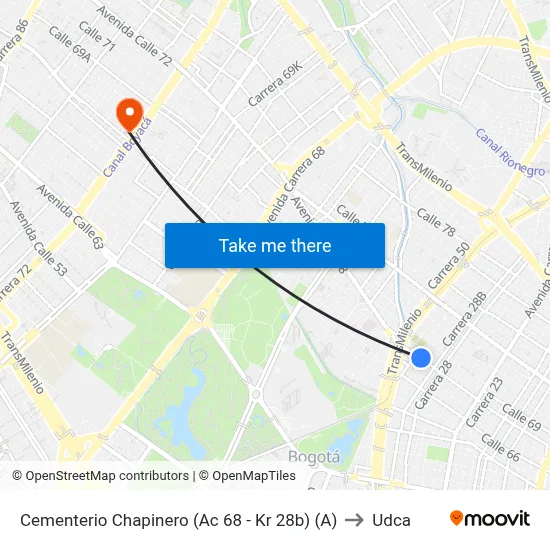 Cementerio Chapinero (Ac 68 - Kr 28b) (A) to Udca map