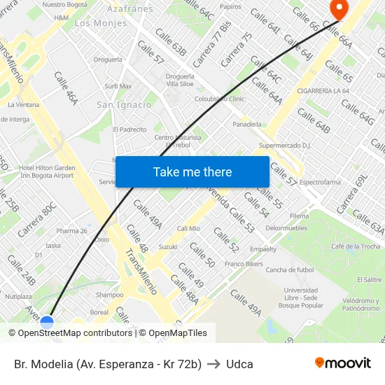 Br. Modelia (Av. Esperanza - Kr 72b) to Udca map